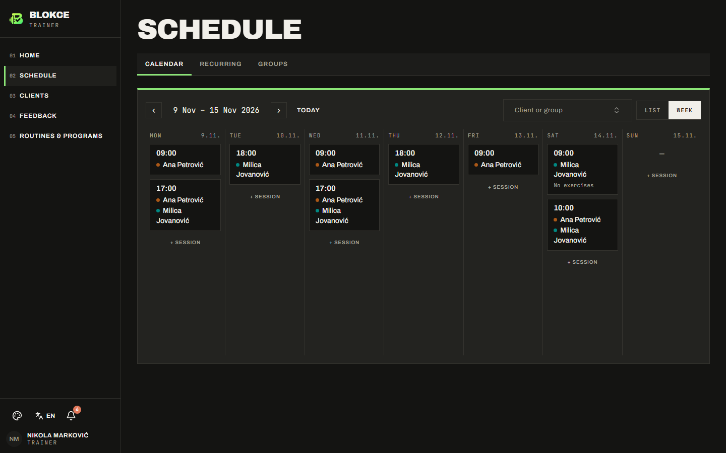 Actual Blokče weekly calendar with individual sessions for Ana and Milica and shared sessions for both clients.